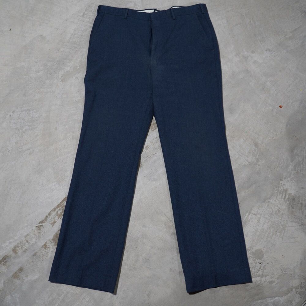 70s Saturdays Wool Trousers Mens 33x31 Navy Flat Front Dress Pants Made in USA